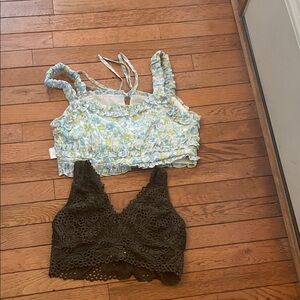 Floral Ruffle Crop Top and Black Lace Bralette